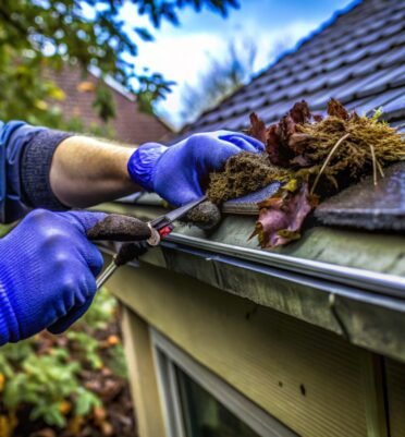 Homeowner Inspecting and Cleaning Gutters with Tools