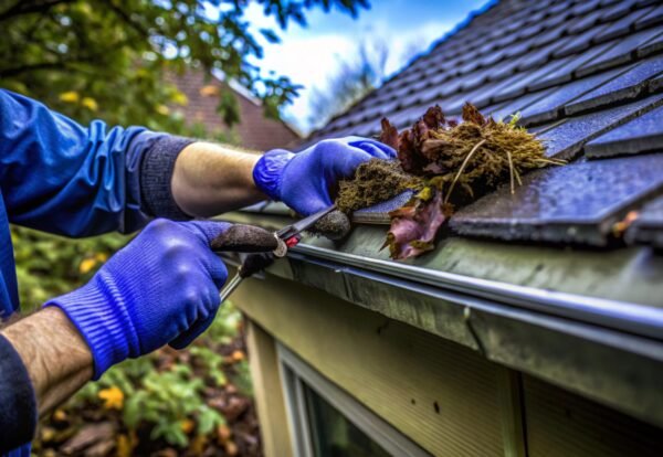 Homeowner Inspecting and Cleaning Gutters with Tools